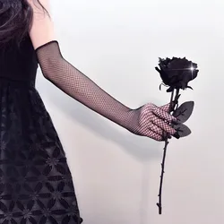 Gothic Lolita Black Fishnet Mesh Long Gloves Women Sexy Nylon Elastic Full Finger Lace Hand Gloves Uniform Wedding Arm Warmers