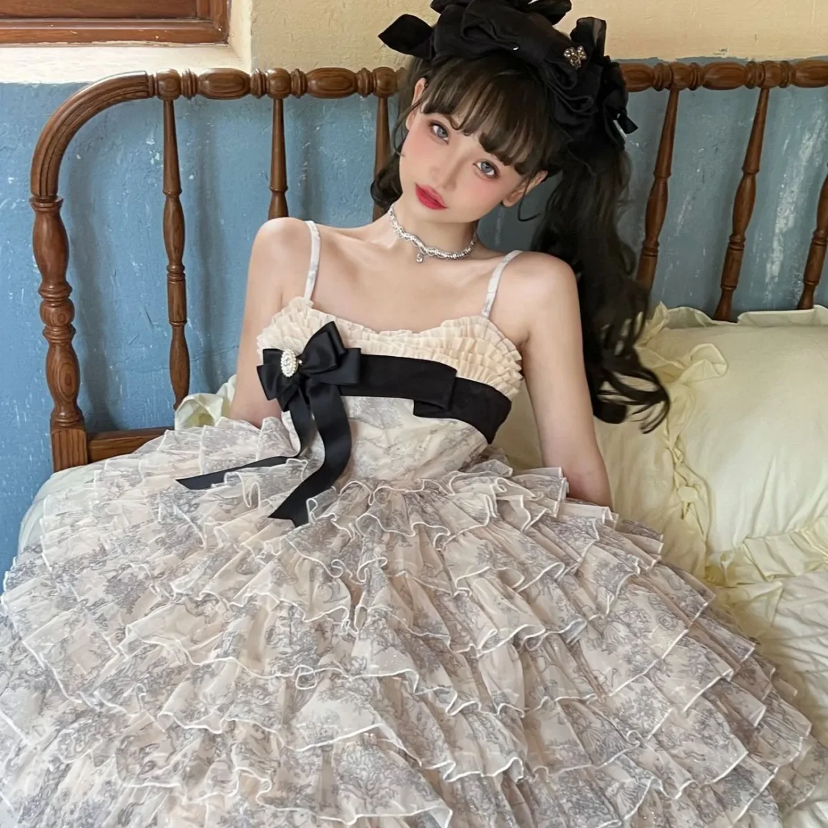 

Japanese Kawaii Lolita Jsk Dress Women Sweet Bow Ruffles Floral Print Party Tiered Cake Dresses Vintage Girl Princess Mini Dress