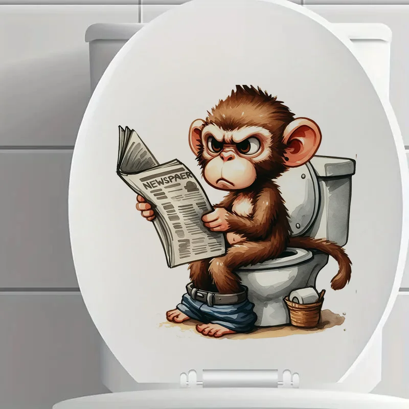 Cartoon Monkey Sitting on the Toilet Reading a Newspaper Sticker Toilet Lid Decal Apply for Wall Bathroom Cabinet Door etc
