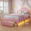 Twin Size Bed Frame with Storage Drawer, LED Lights, Adjustable Headboard with Velvet Crystal Button, Upholstered Platform Bed 1