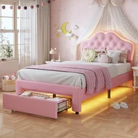 Twin Size Bed Frame with Storage Drawer, LED Lights, Adjustable Headboard with Velvet Crystal Button, Upholstered Platform Bed 1