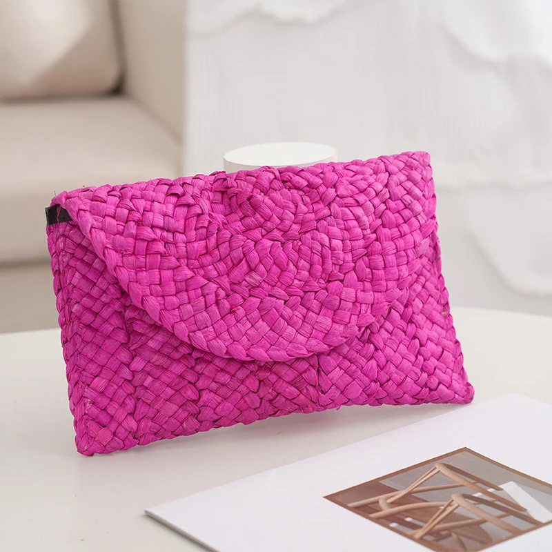 Fashion Beach Purse Women Summer Beach Bag Envelope Woven Clutch Solid Color Large Capacity Storage Bag Corn Husk Straw Hand Bag