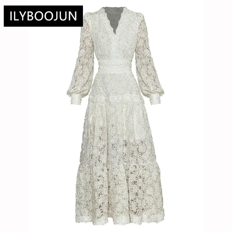 

Dress Women V-Neck Lantern Sleeve 3D Embroidery Flowers Vintage Party Long Dresses For Women 2023 Luxury Brand High Quality