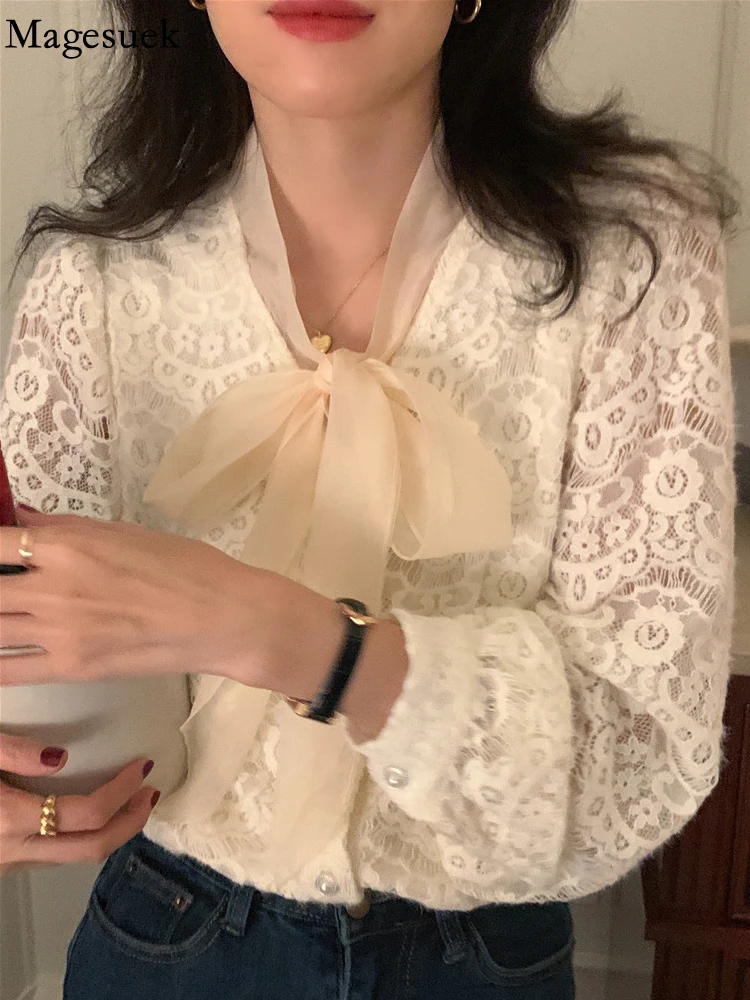 

Весенняя элегантная Милая кружевная блузка с бантом, женские топы свободного кроя с длинным рукавом, женская блузка на шнуровке с вырезами 2022, блузка для женщин 23049