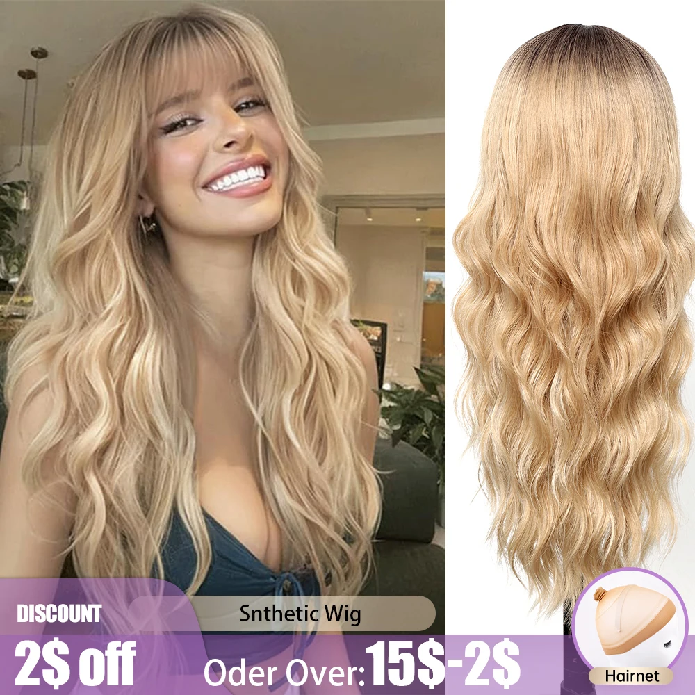 

Long Curly Synthetic Wigs Blonde Ombre Water Wave Wigs with Bangs Dark Root Hair for Women Daily Machine Made Wig Heat Resistant