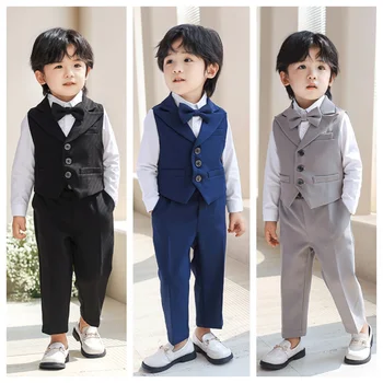 3Pcs Children Boys Black Blue Wedding Suit Teenager Kids Boy Piano Ceremony Tuxedo Suit Formal Vest Shirt Pants Bow Kid Boy Suit 1