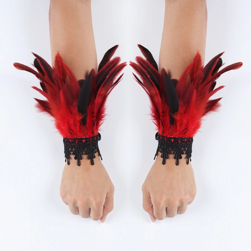 цена 2pcs Lace Feather Wrist Cuffs Black Real Natural Dyed Rooster Feather Arm Warmers Party Cosplay Costume Accessory Feather Gloves