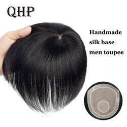 Men Toupee Soft Silk Base Straight Indian Remy Human Hair Wigs PU Around Hairpiece Natural Hairline Replacement System For Men