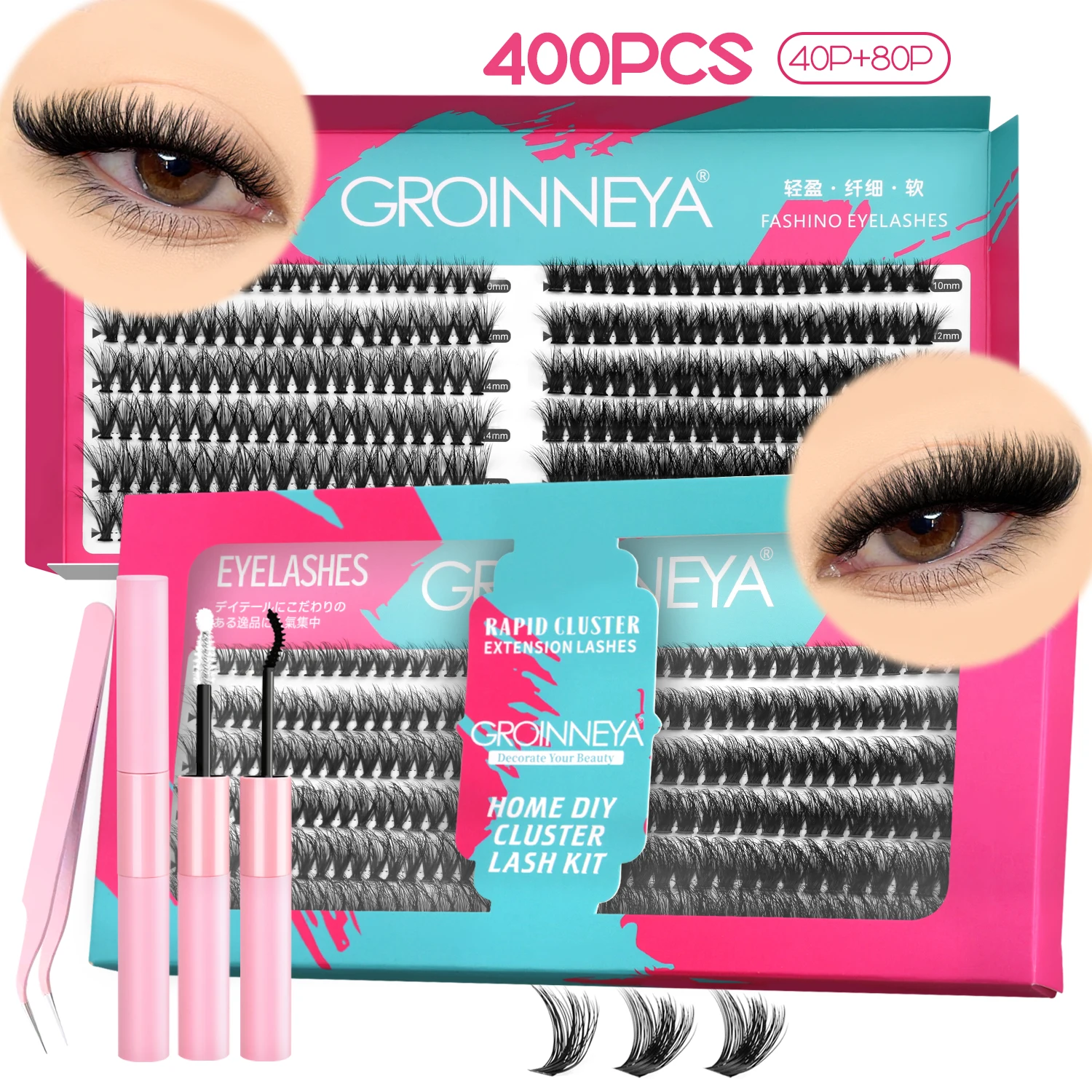 DIY Lash Clusters Set Mixed Tray Lashes Kit Fluffy Individual Lashes Extension Lash Bond and Seal Makeup