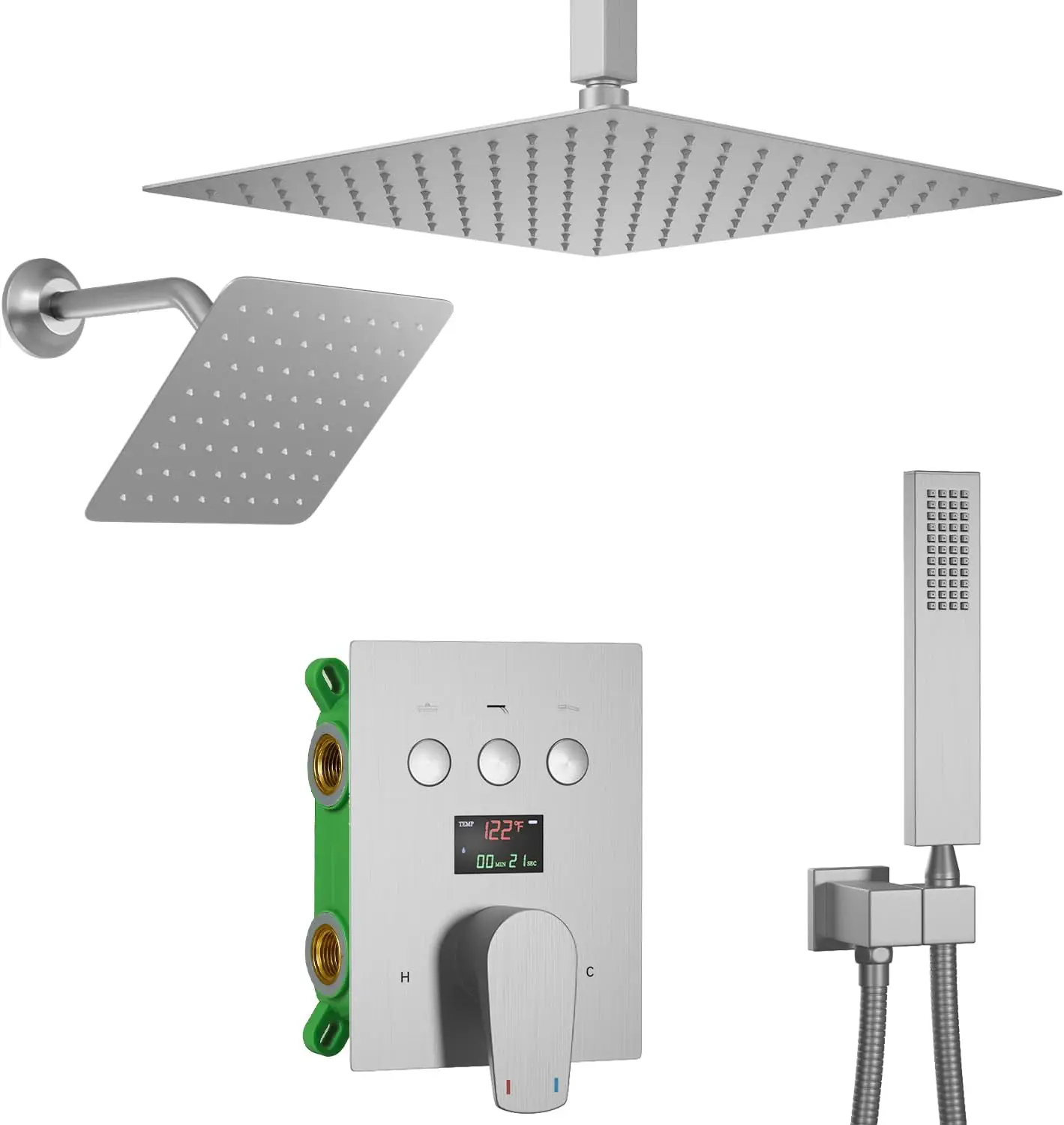 Rain Full Body Shower System Brushed Nickel Bathroom Shower Fixtures Faucet Combo Set 12 & 8 Inch Square Showerhead Temperature