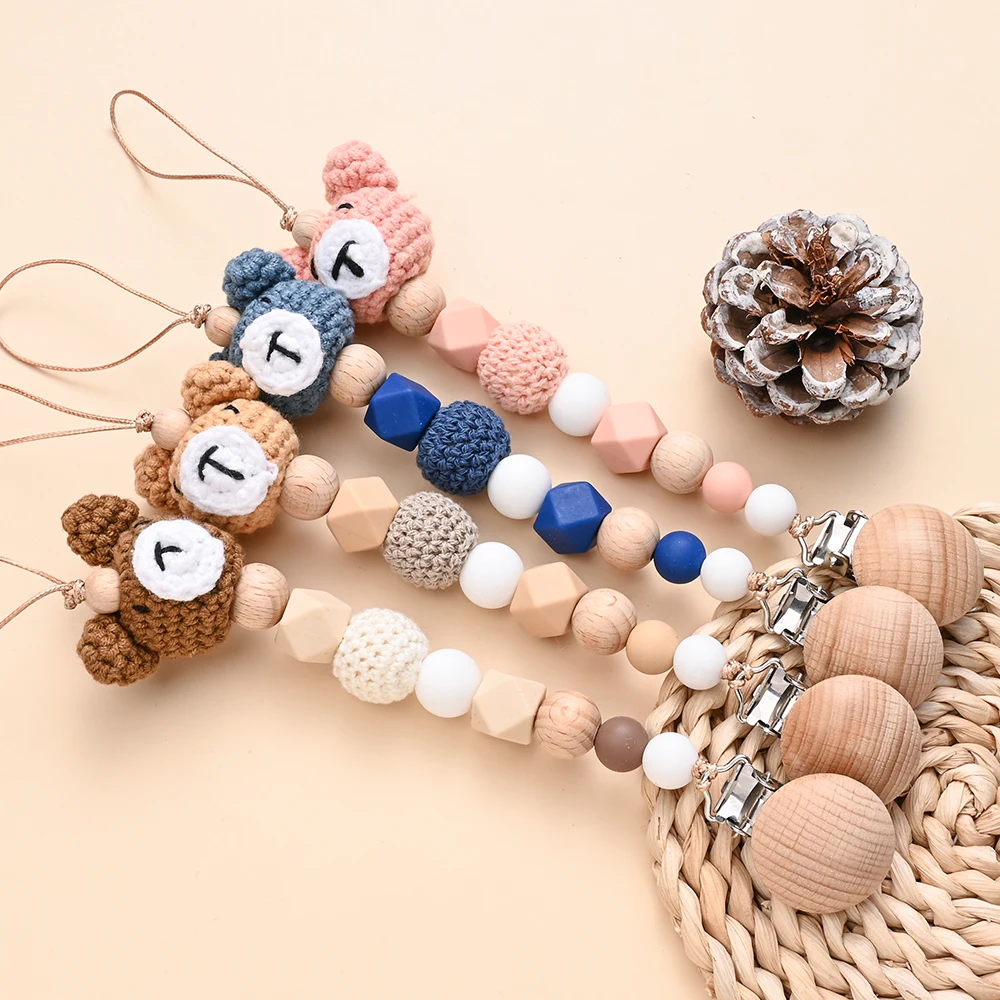2Pcs Baby Nipple Chain Care Toy Baby Beech Wood Pacifier Clip  Cartoon Animal Felt Ball Beaded Dummy Holder Chain For Anti-drop 5