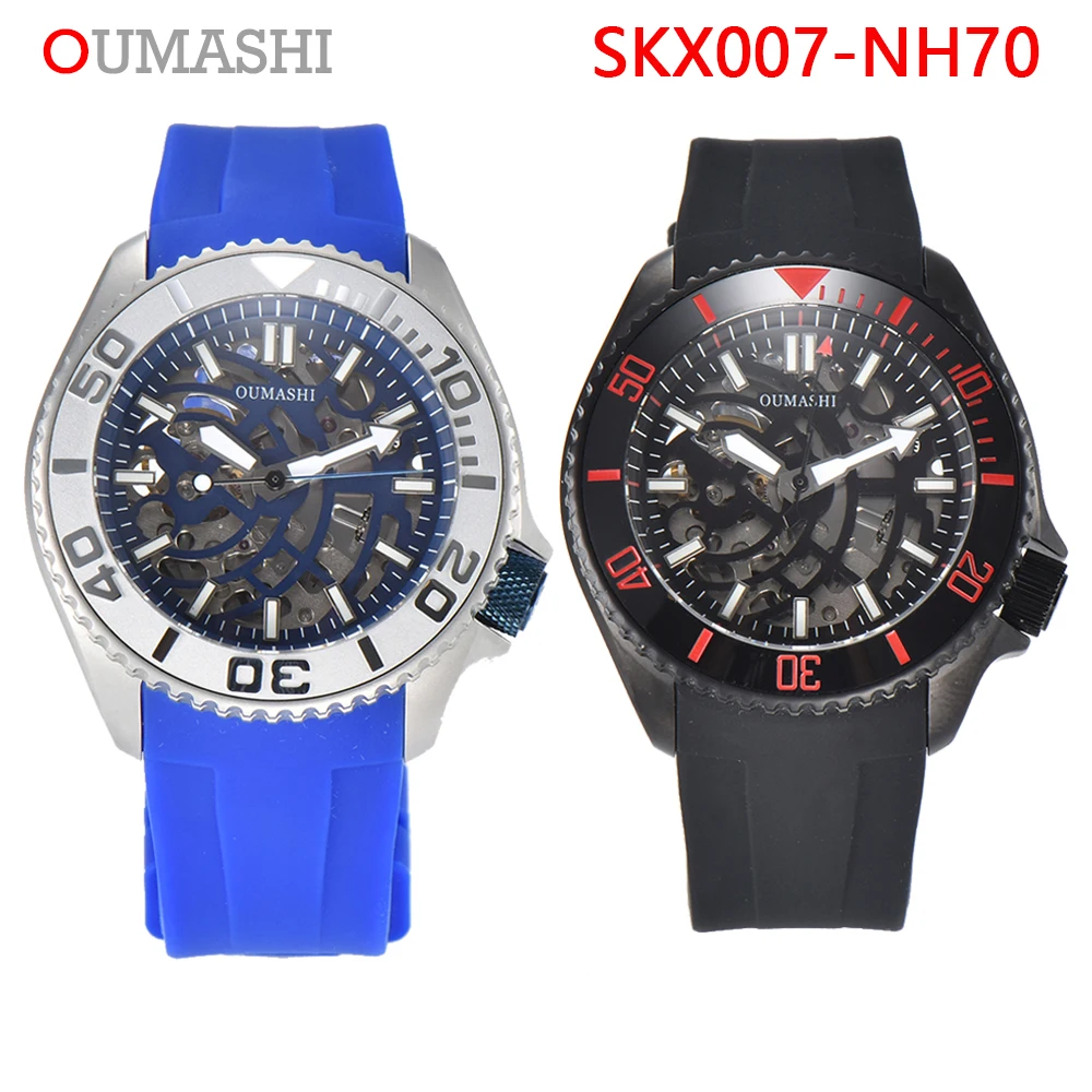 SKX007 OUMASHI 남성용 시계, 럭셔리 오토매틱 NH70 시계, 무브먼트 스켈레톤 다이얼, 스테인리스 스틸 케이스, 방수 시계, 신제품
