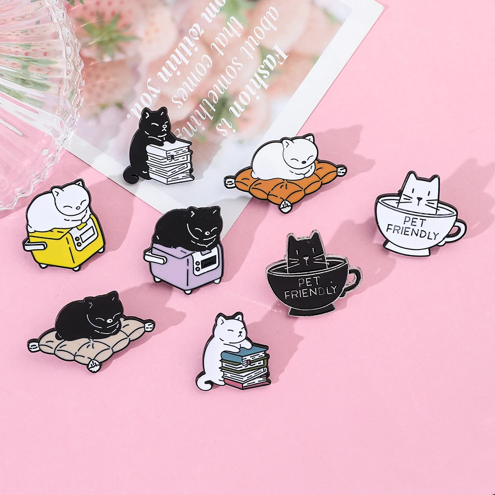 Cat Brooch Enamel Brooch Metal Brooch Enamel Pins 8 Pcs Cute Kitten Brooch Creative Cat Book Cat Sleeping Enamel Pin Metal Paint Badge Backpack Clothing Jewelry Wallet Pendant