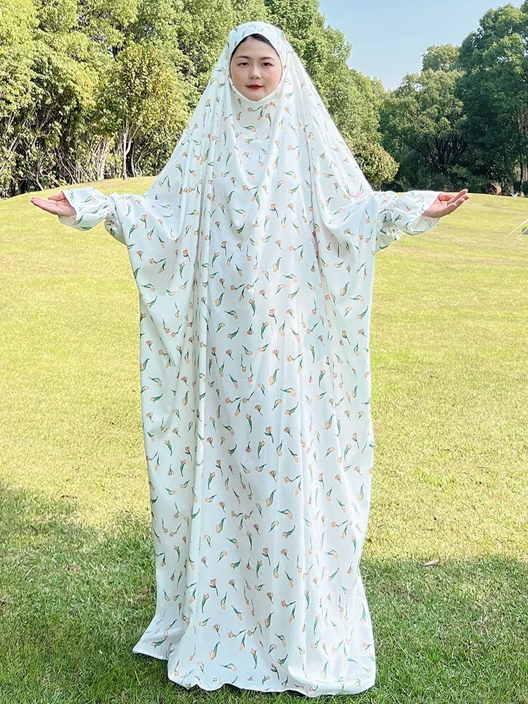Ramadan Floral Print Hoody Abaya Muslim Prayer Dress Long Khimar Hijab Full Cover Abayas for Women Dubai Islam Kaftan Robe Niqab