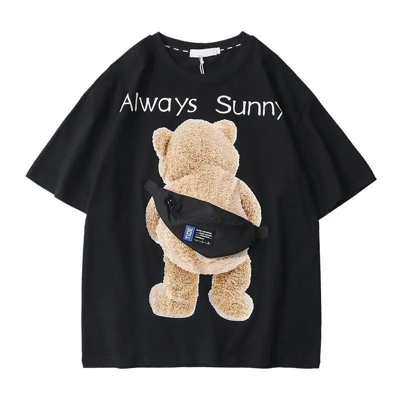

Lovers bear print stitching short-sleeved t-shirt girls summer ins tide loose student Unisex couple clothes harajuku Streetwear