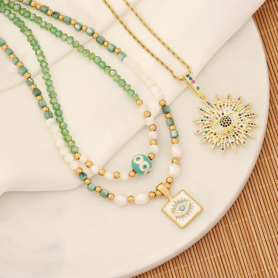 

Natural Stone Layered Beads Necklace Choker for Women Personality Palm Pendant Sun Flower Stainless Steel Clavicle Chain
