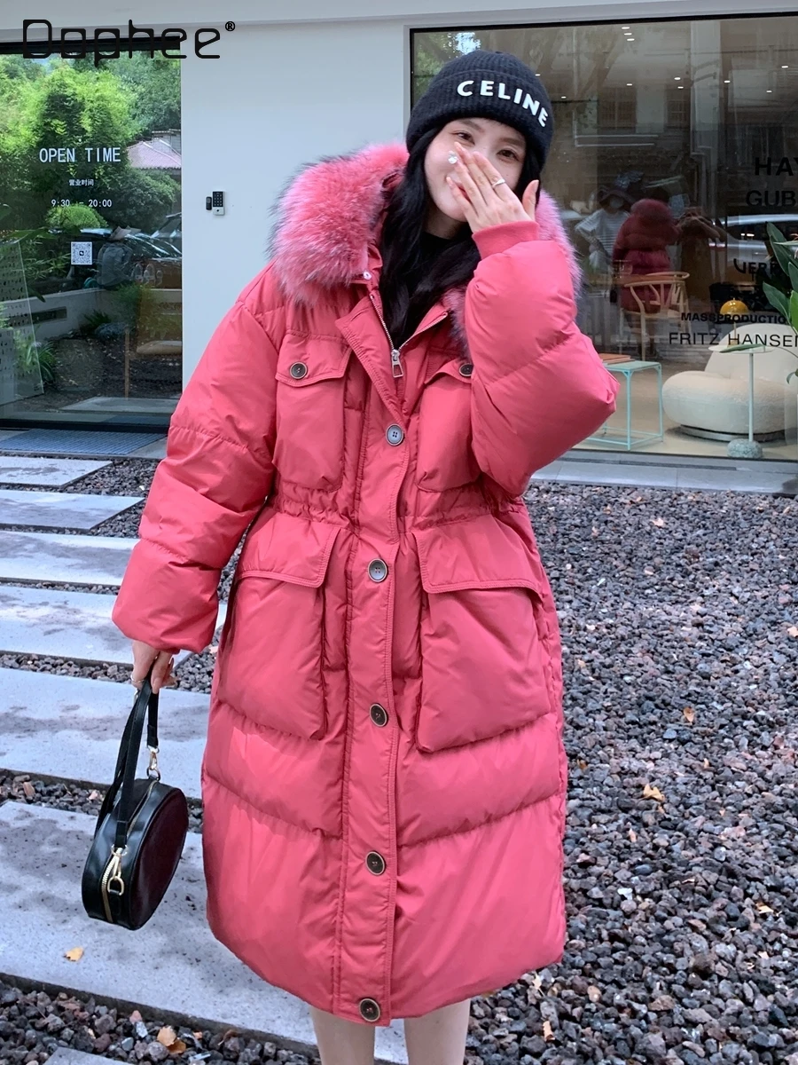 Women Big Fur Collar Hooded Long Down Jacket Winter 2023 New Single-Breasted Cinched Thicken White Duck Down Over-the-Knee Coat 2021 new waist down padded jacket women mid length over the knee hooded big fur collar thick imitate white duck down off coat