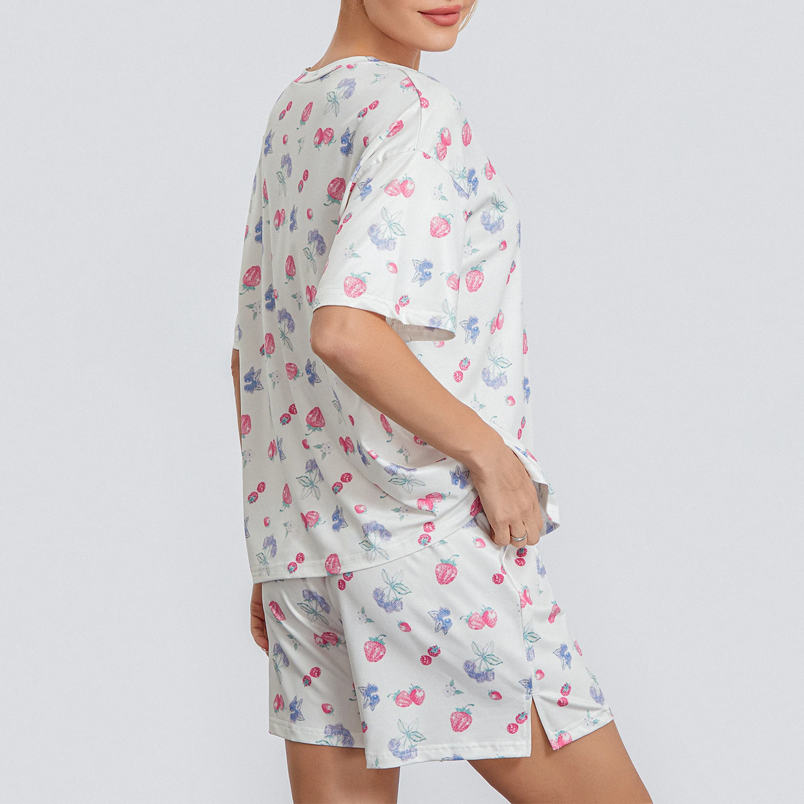 Damen Pyjama Set Sommer Erdbeer Print Rundhals ausschnitt Langarm lose Tops und elastische Taille Hosen 2 Stück Lounge wear Homewear