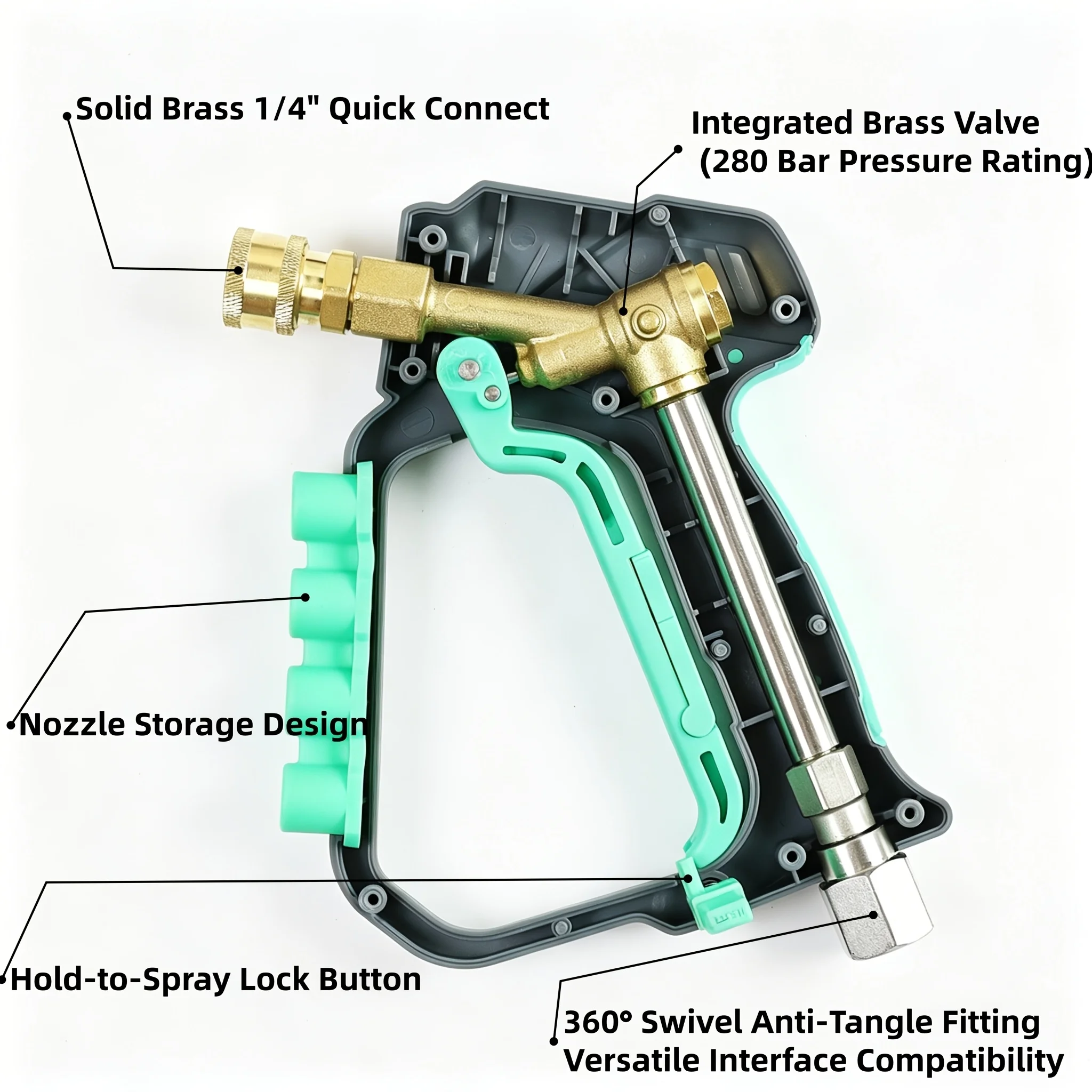 고압 세척기 건, 4개 노즐, M22 14mm 및 3/8인치 어댑터, 미끄럼 방지 손잡이, 자동차 및 정원 청소용
