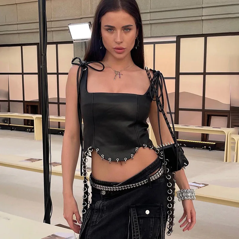 

Women's Corset Sexy Black PU Leather Bustier Crop Top Fashion Lady Sleeveless Strap Camis Clubwear Summer Low-cut Slim Camis