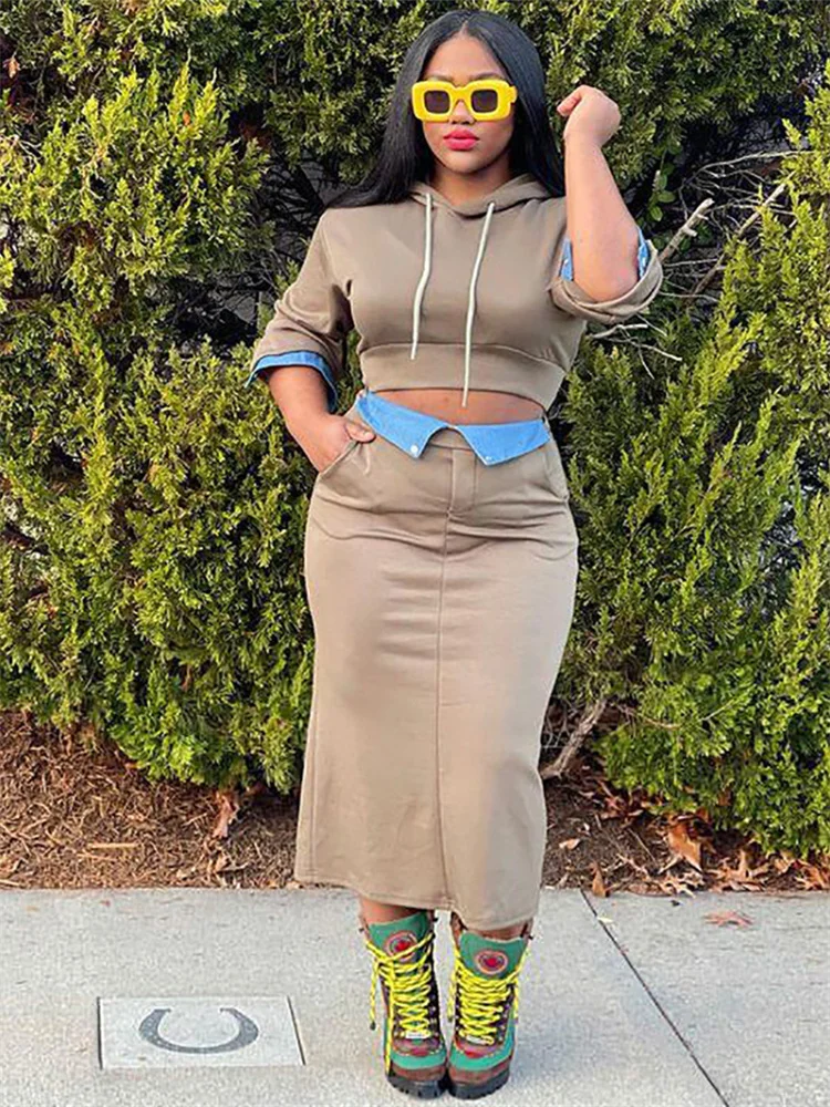 Wmstar Two Piece Set Women Hoodies Crop Top and Skirts Sets Sweatsuit Patchwork Matching Fall Clothes Wholesale Dropshipping