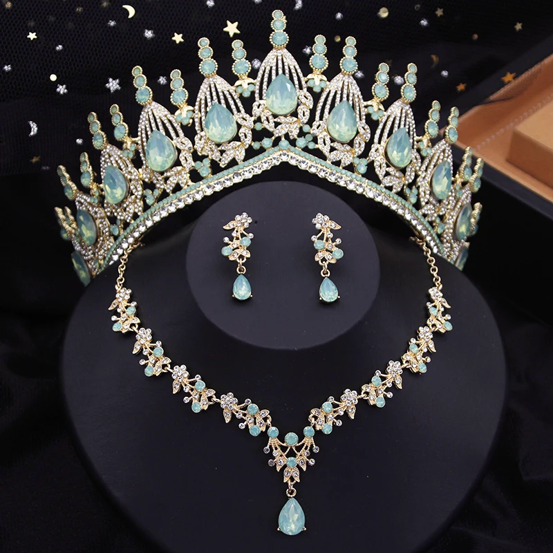 Blue Crown Bridal Jewelry Sets for Women Opal tiara Necklace Earrings Sets Prom Wedding Bride Jewelry Costume Accessories bridal jewelry sets