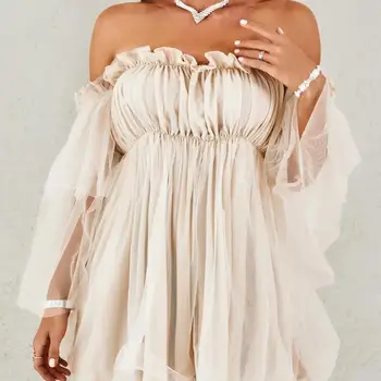Sweet and Fresh 2024 for Women Skirt Spring Summer Off Shoulder Long Sleeve Frill Trim Sheer Mesh Swing Daily Mini Dress