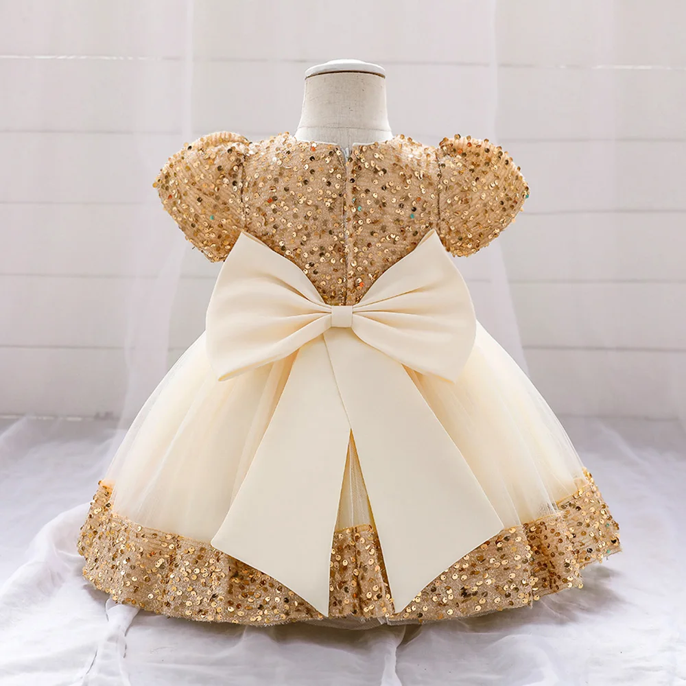 Big Bow Gold Sequins Party Baby Girls Dress Toddler Tutu Lace 1st Birthday Princess Dresses For Girl Wedding Prom Christmas Gown girls dress baby girl dress