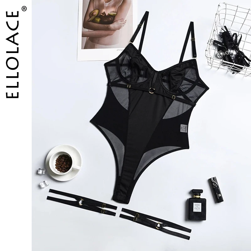 Ellolace Sensual Lace Bodysuit Women Transparent Sexy Lingerie See Through Black Tights Fitness Sissy Crotchless Erotic Body