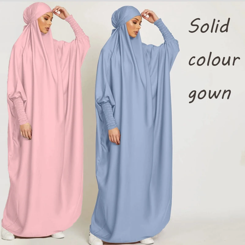 

Muslim Robe One Piece Solid Color Long Dress Ramadan Prayer Hijab Dress Gilbab Women Hooded Robe Veil Islam Dubai Plain Robe
