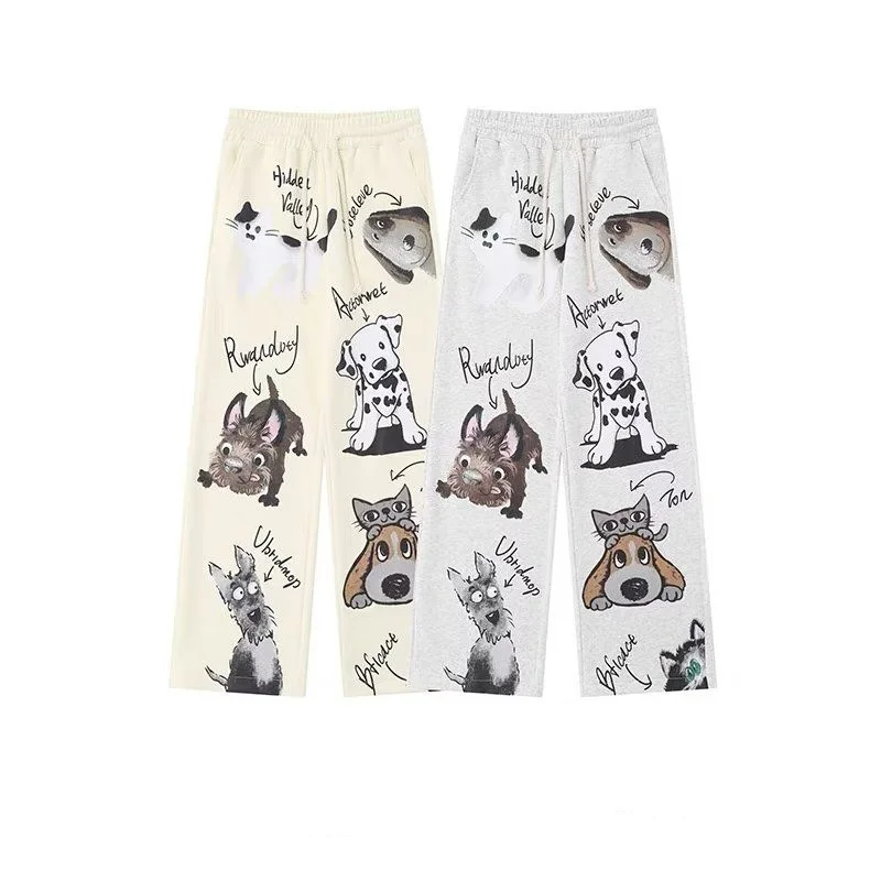 Dopamine Wearing Dog Pattern Casual Straight Pants Unisex Elastic Waist Drawstring Pockets Solid American Loose Street Trousers