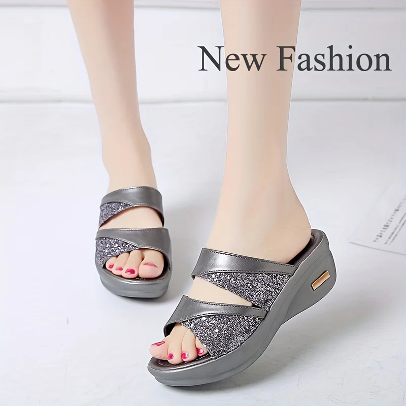 Summer Gold Open Toe Glitter Wedges Female Casual Slides Slingbacks Comfortable Platform Sandals For Woman women wedge sandals