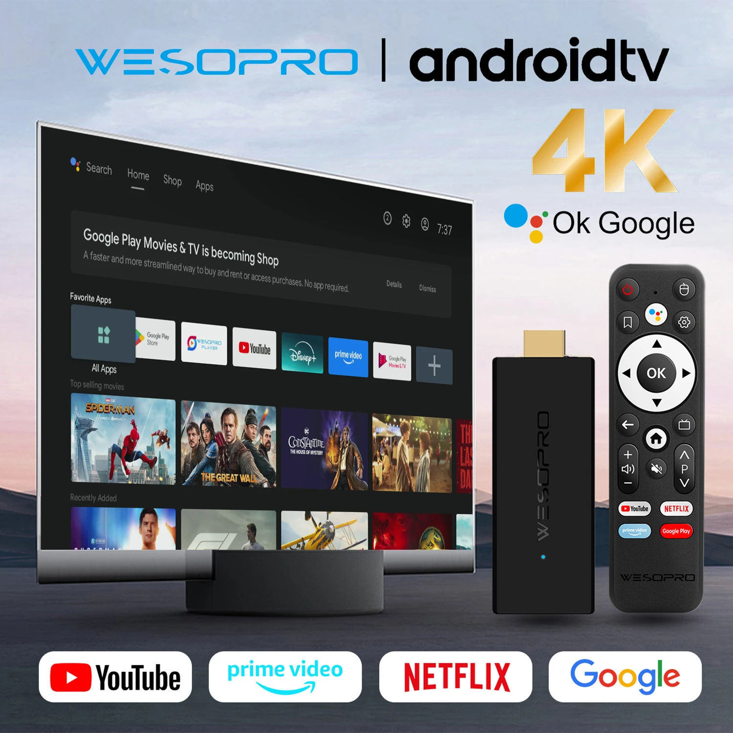 S96b5c92f1ebb4fe182031d3eb9b3a2d4M WESOPRO Android TV Stick G2 MAX IPTV Dongle 4K Streaming Media Player 2GB RAM 16GB ROM Dual-Band Wifi Supports 2.4GHz & 5.0GHz