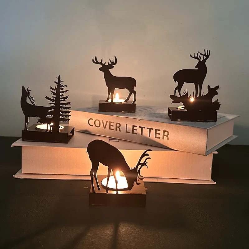 

Creative Christmas Tree Metal Iron Elk Candlestick Holder Decoration Home Luminous Decor Desktop Ornaments Candle Holder