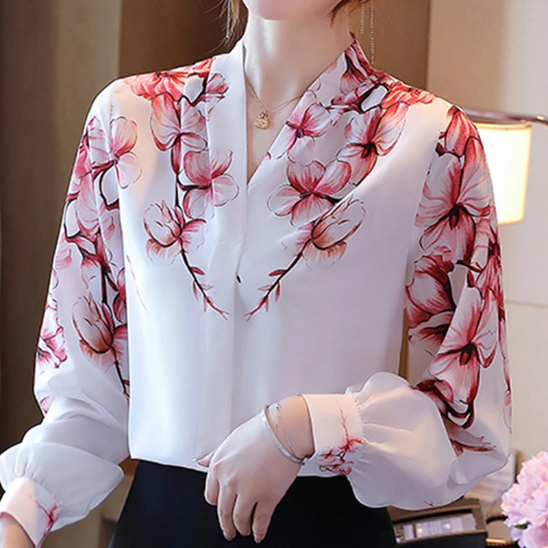 

Blouses Femme White Blouse Long Sleeve Blouse Women Blusas Mujer De Moda 2023 V-Neck Print Chiffon Shirt Women Tops Blusas