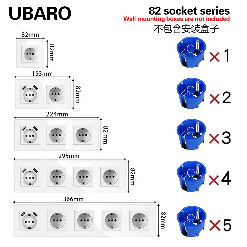 UBARO EU 224*82mm luksusowe szklane Panel gniazdo ścienne wbudowany Socekt nadaje się do okrągłe pudełko rodzaj USB C 5V 2A Home Outlet 250V 16A