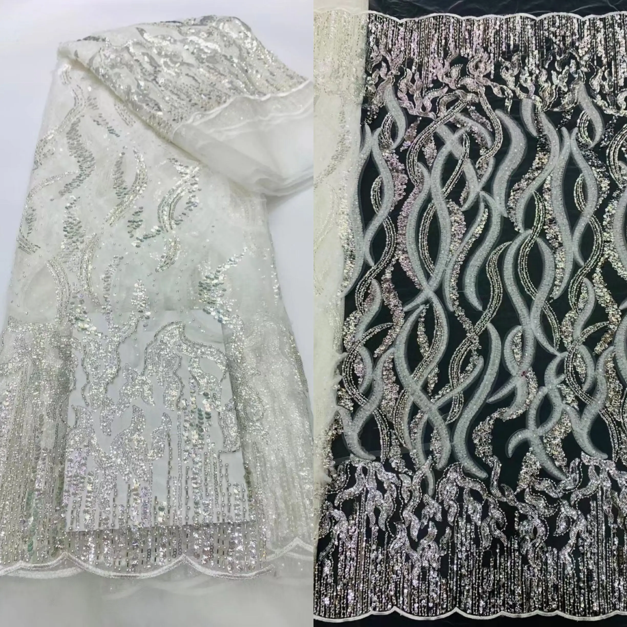 

African Lace Fabric with beads S-12143810 High Quality Sequin French Tulle Lace Nigerian Wedding