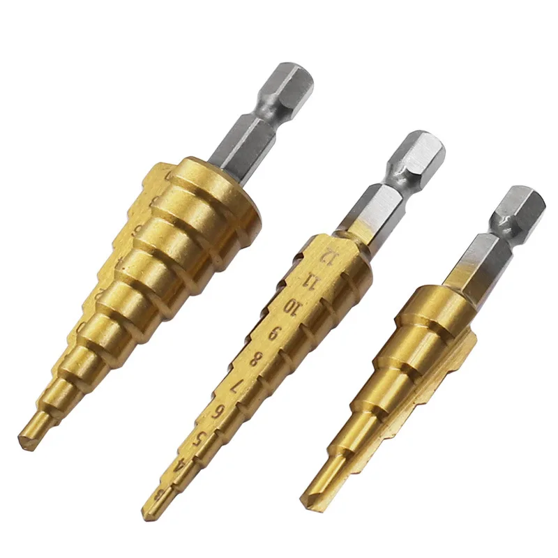 

3pcs 3-12mm/4-12mm/4-20mm Straight Groove Step Drill Bit HSS Titanium Coated Wood Metal Hole Cutter Core Cone Drilling Tools Set