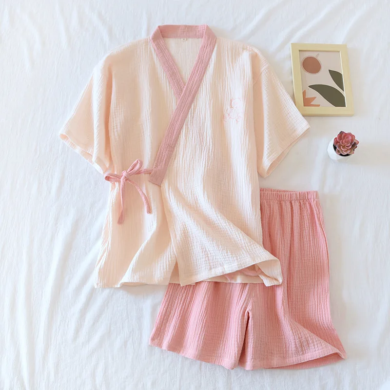 New spring and summer Japanese kimono suit ladies 100% cotton crepe short-sleeved shorts pajamas two-piece set thin straps women