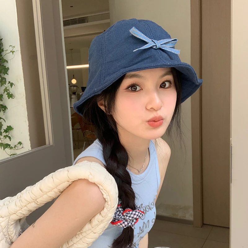 Ins 여성용 달콤한 활 디자인 대야 모자, 다용도 한국 버전, 레트로 데님 블루 자외선 차단 버킷 모자, 2024 여름 신상