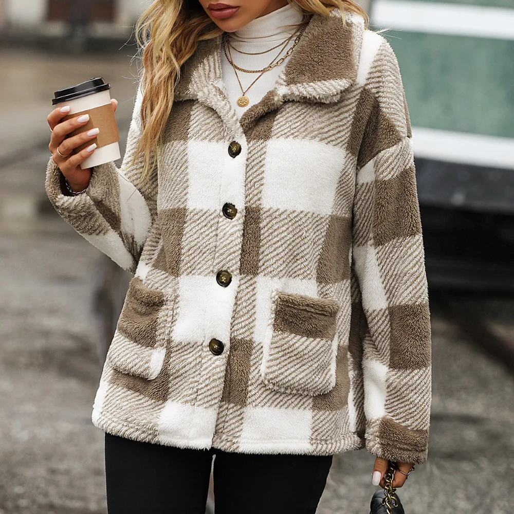 Autumn and Winter Women's Lapel Long-sleeved Mid-length Plaid Single-breasted Double-sided Velvet Casual Jacket