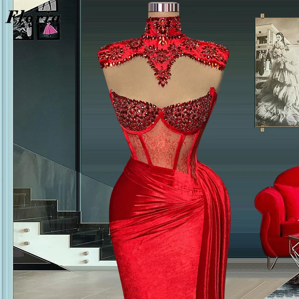 

Red Rhinestone Evening Dresses Turkish Dubai Mermaid Long Celebrity Prom Dress Arabic Luxury Women Couture Party Dress Vestidos