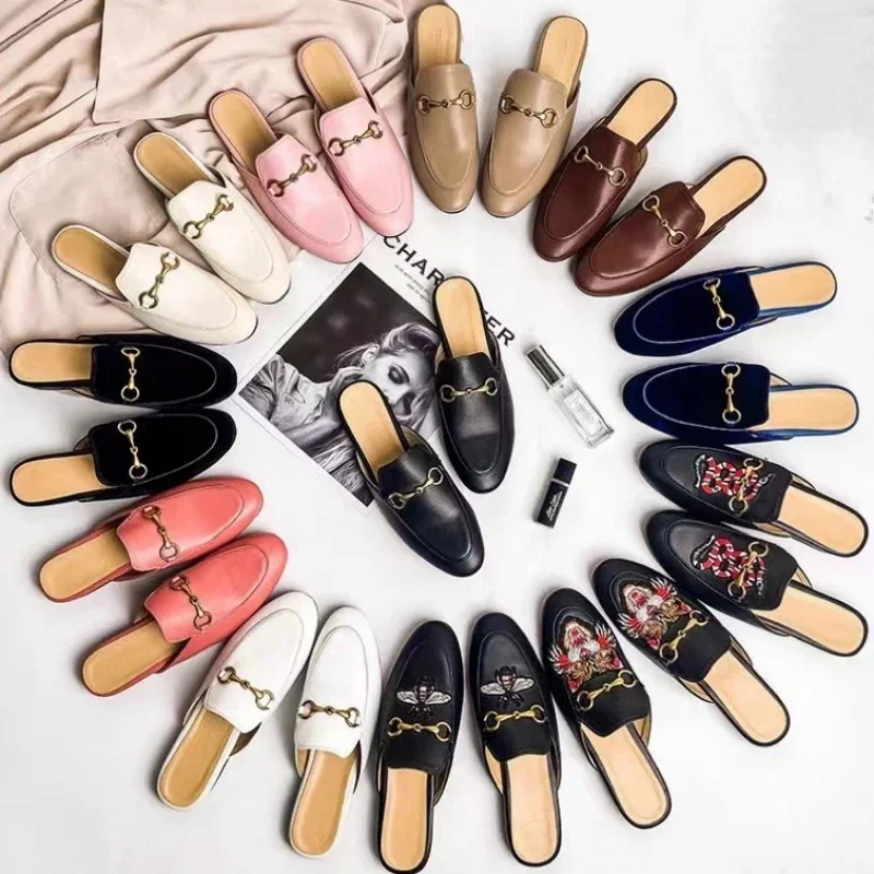 Baotou Half Slippers Summer Outwear Mueller Shoes 2024 New Horse Titles Buckle Flat Shoes Genuine Leather INS Lazy Man Slippers