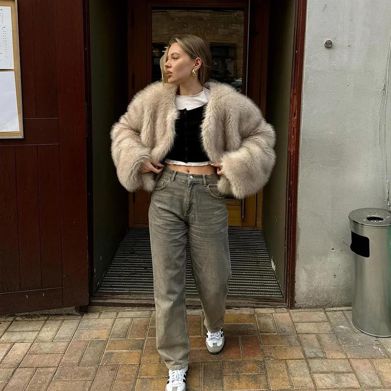 Chic Brand Icon Fashion Kendall Jenner Brown Gradient Faux Fur Jacket Women Winter New Luxury Cropped Fox Fur Coat