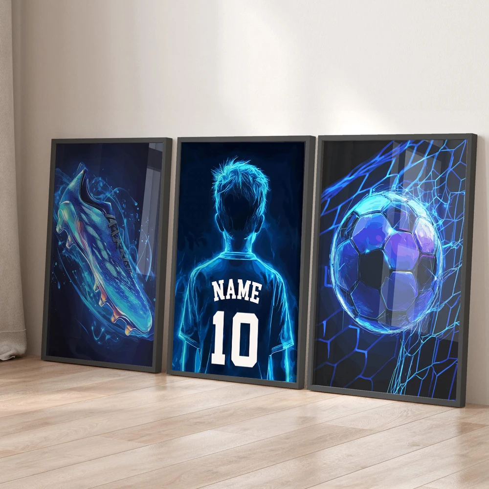 3pcs/set Personalized Football Custom Name & Number Canvas Prints Vibrant Football Boots Sports Wall Art Posters for Home Decor 3
