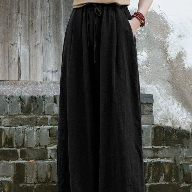 Vintage Summer Women's 2024 New Spliced Elasticized Drawstring Pocket Fashion Solid Loose Comfortable Casual Wide Leg Pants