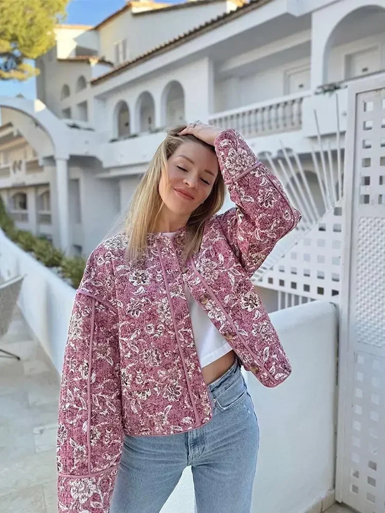 2024 Women's Flower Print Padded Jacket Single Breasted O-Neck Warm Coat Spring Winter Elegant Streetwear
