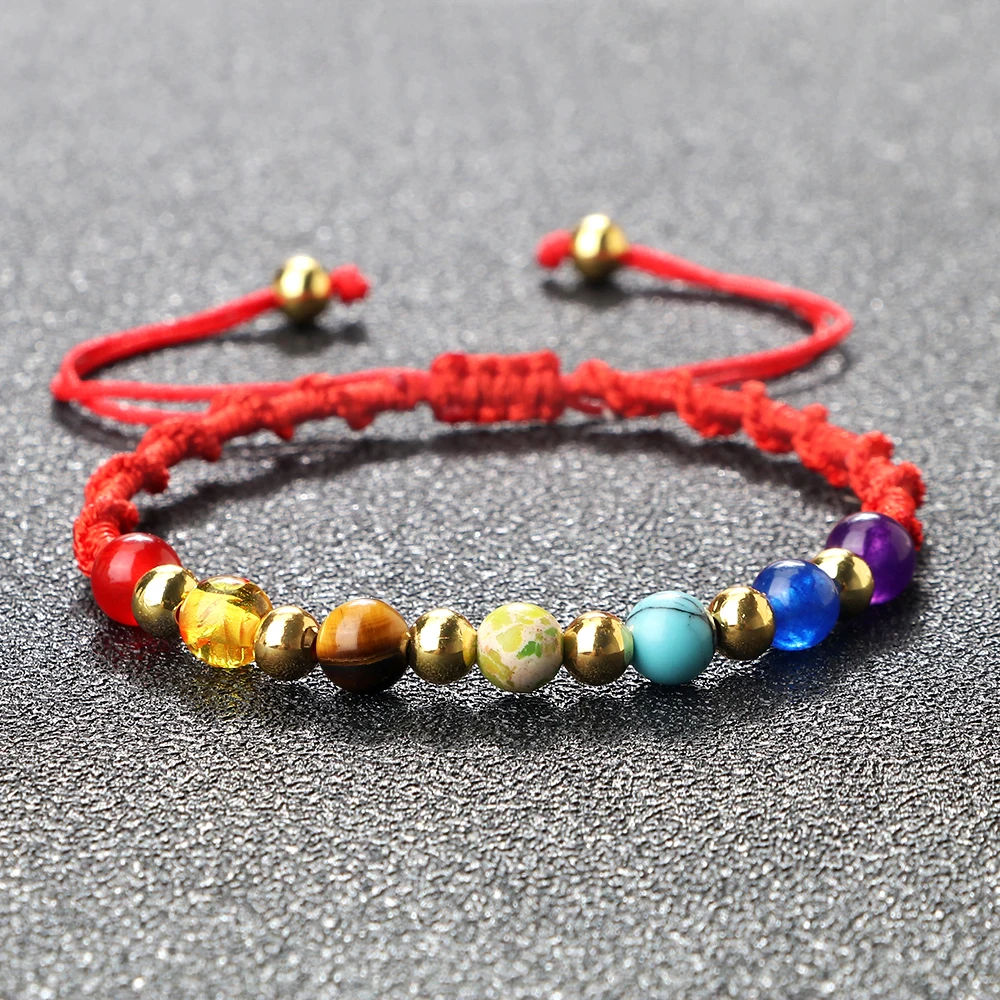 Reiki 7 Chakra Bracelet Natural Stone Rope Braided Yoga Healing Gold Color Copper Beads Bracelets & Bangles Meditation Jewelry