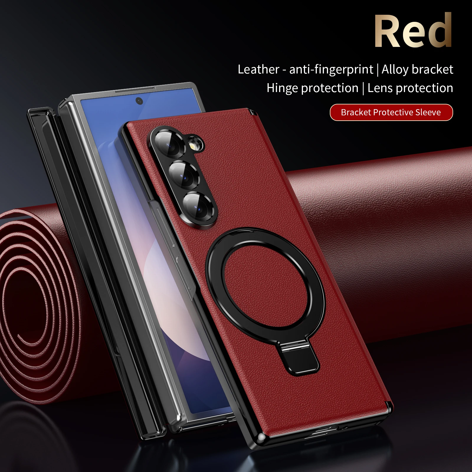 Leather Magnetic Case with Hinge Bracket & Full Screen Glass Protection