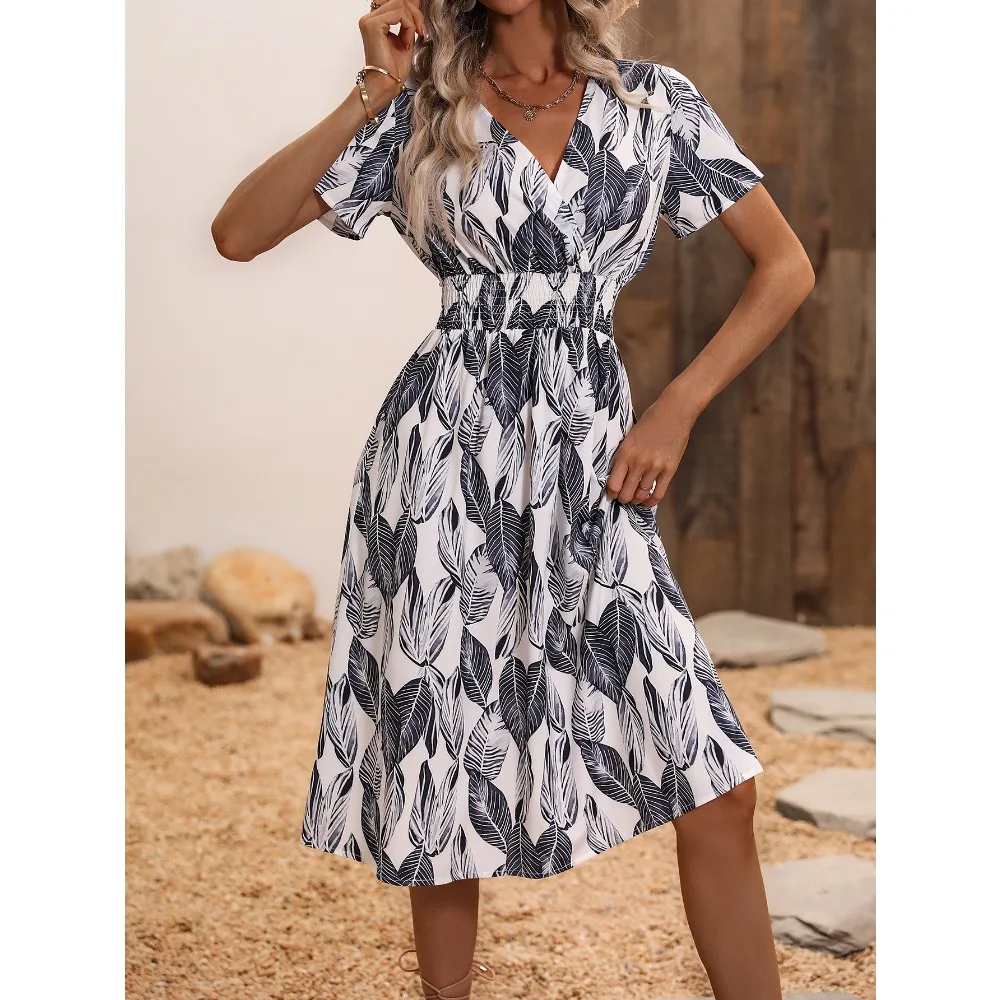 

Women Summer Bohemian Floral Casual Wrap V Neck Short Sleeve Dress Elegent A-Line Hem Midi Sun Dresses Romantic Date Dress